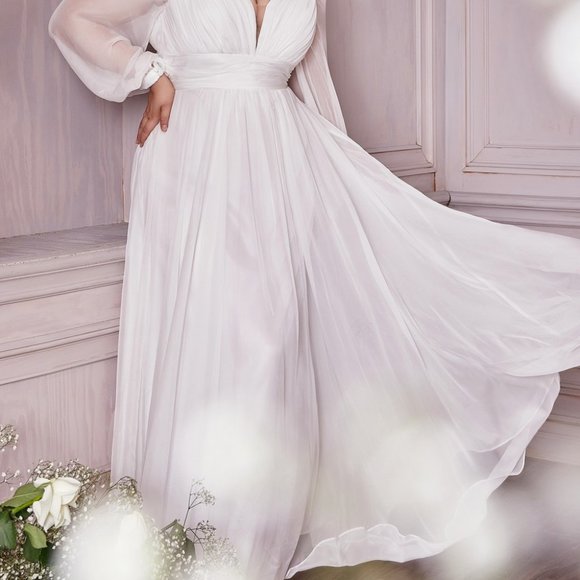 OFF WHITE WEDDING BRIDAL EVENING A-LINE CHIFFON LONG SLEEVE BRIDAL GOWN  CD0192 - Picture 5 of 9